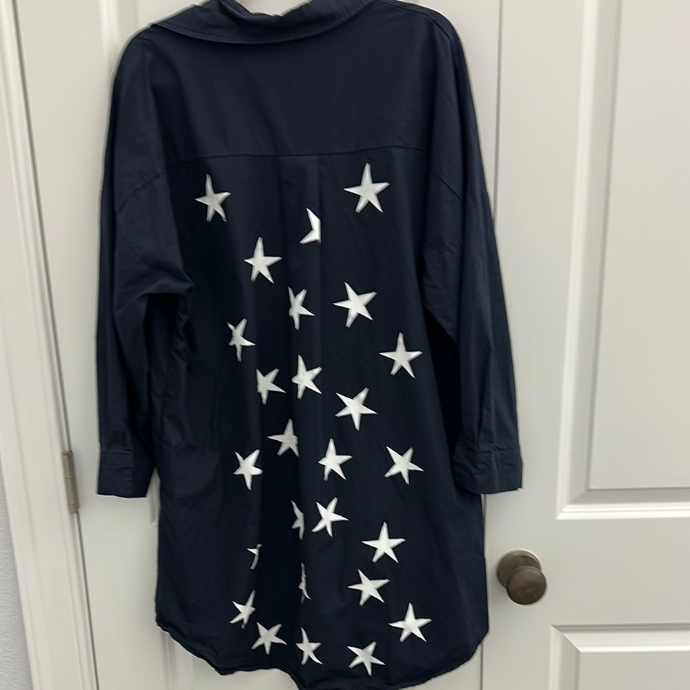 Navy Long Sleeve Notched Collar Star Shirt Dress